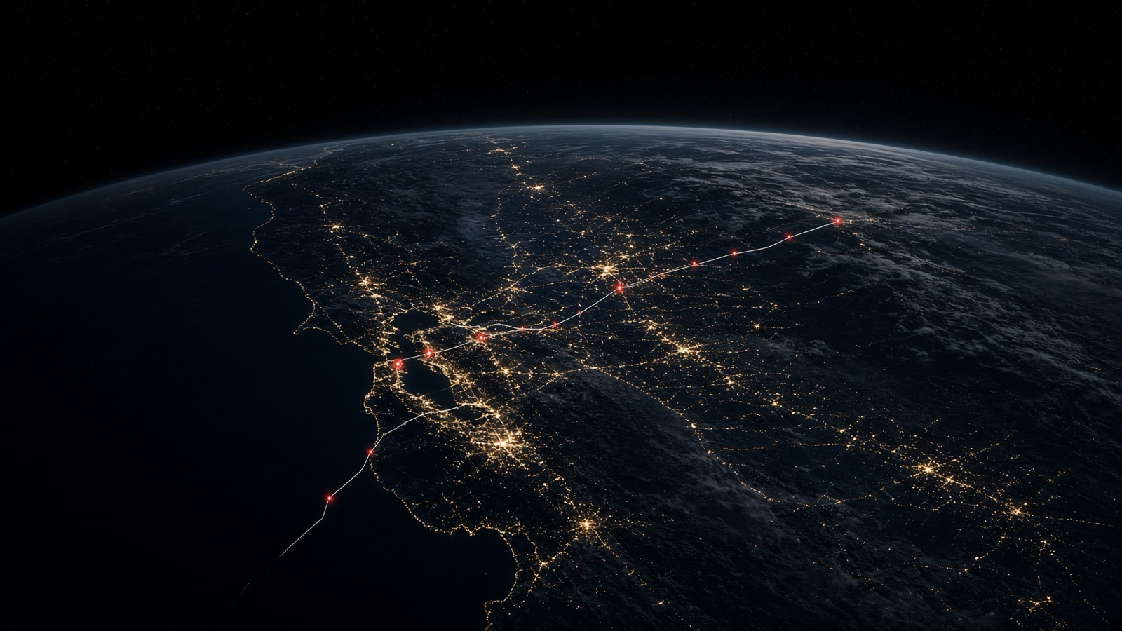 Night side of Earth with a ground-track of destination nodes along the California coast